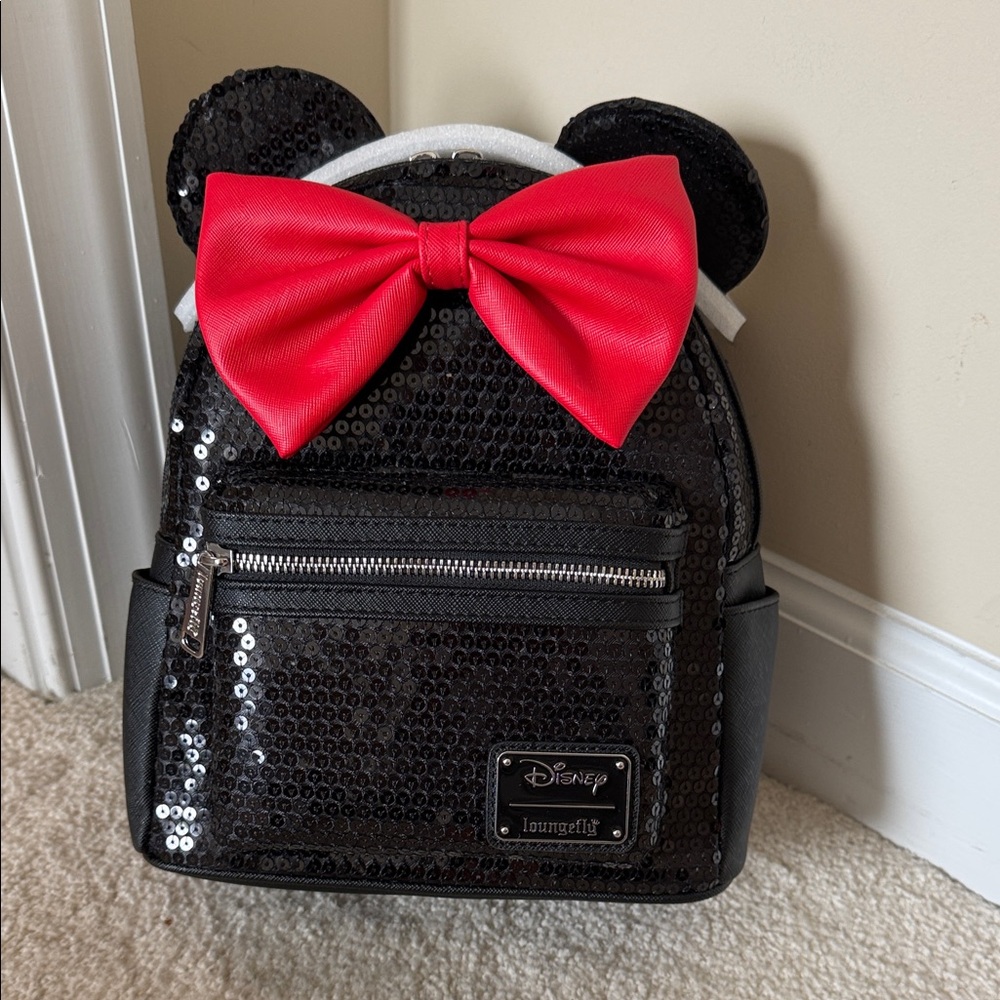 Loungefly Black Sequin Backpack with Red Bow